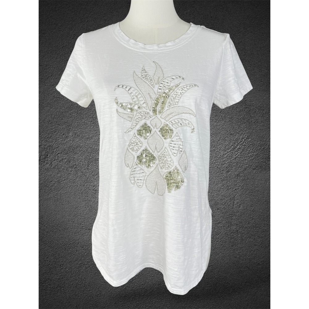 Tommy Bahama White Organic Cotton Sequin Pineapple T-Shirt XS A341